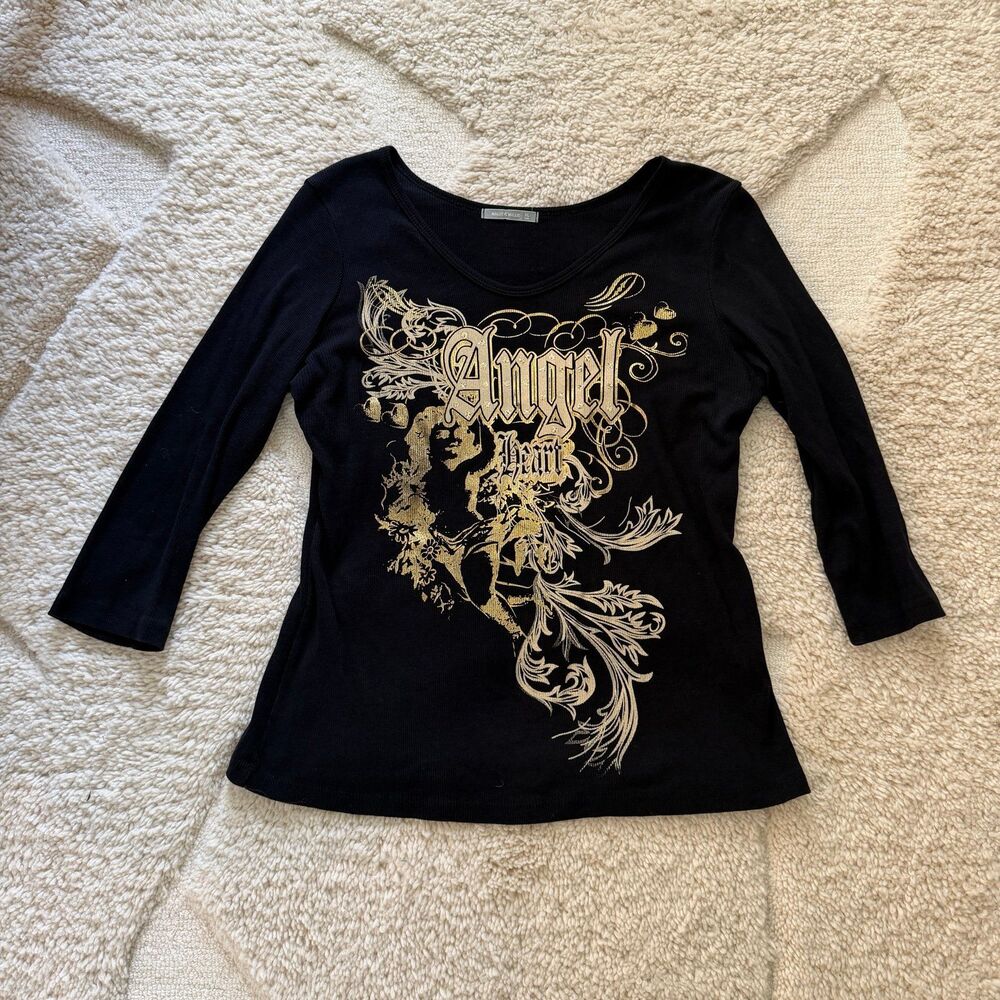 Vintage Nally & Millie Angel Heart Top XL Black Gold Y2K Cyber Grunge